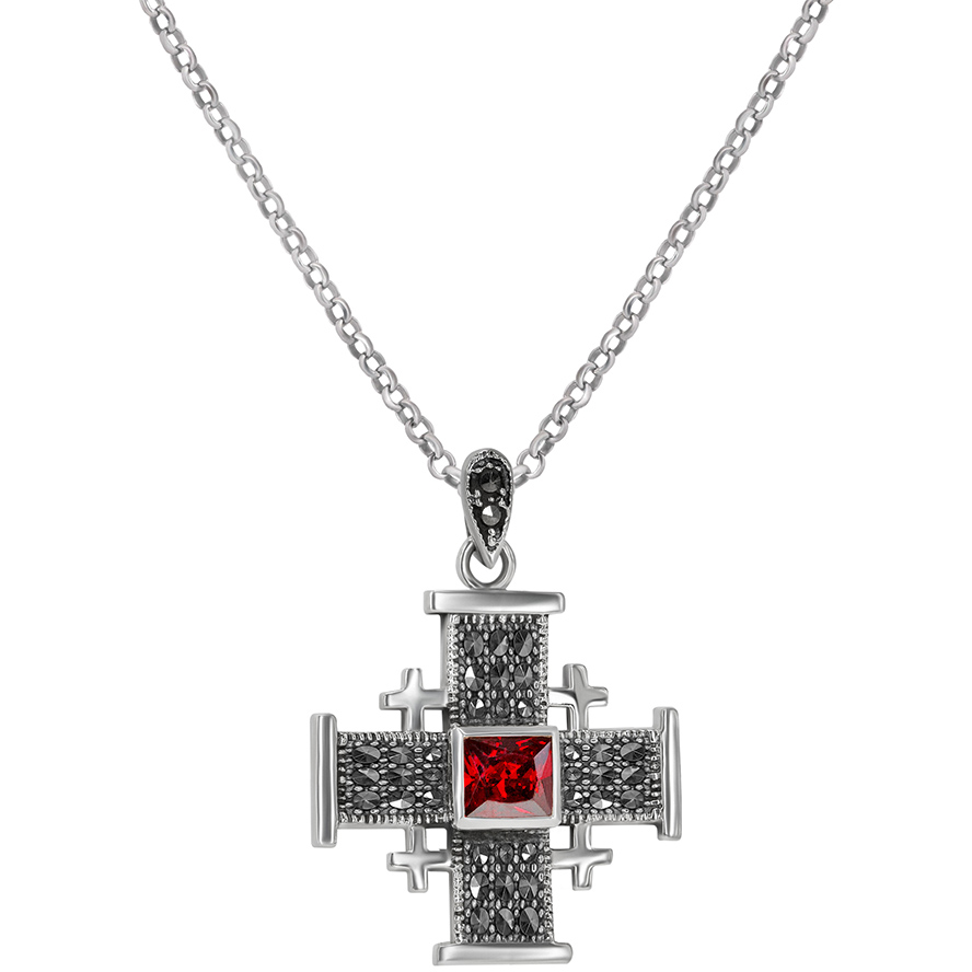 ‘Jerusalem Cross’ 925 Silver Necklace – Marcasite and Blood Red (with chain)