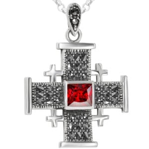 'Jerusalem Cross' 925 Silver Necklace - Marcasite and Blood Red