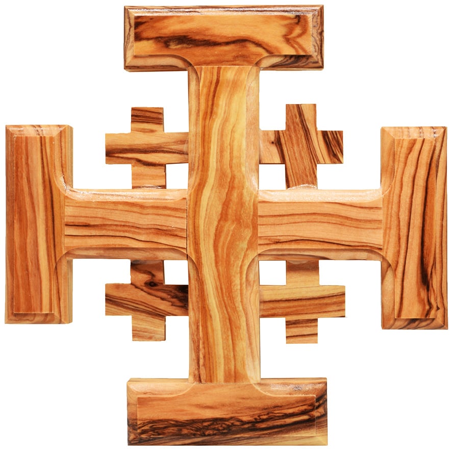 Olive Wood Jerusalem Cross – Made in Holy Land – 6 inch (front view)
