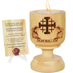 Olive Wood 'Jerusalem Cross' Engraved Holy Land Candle Holder - 3"