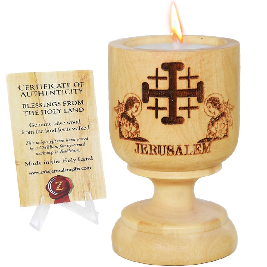 Olive Wood ‘Jerusalem Cross’ Engraved Holy Land Candle Holder – 3″