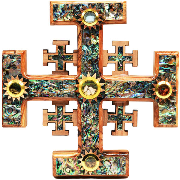 Olive Wood Jerusalem Incense Cross Mother of Pearl inlay 8"