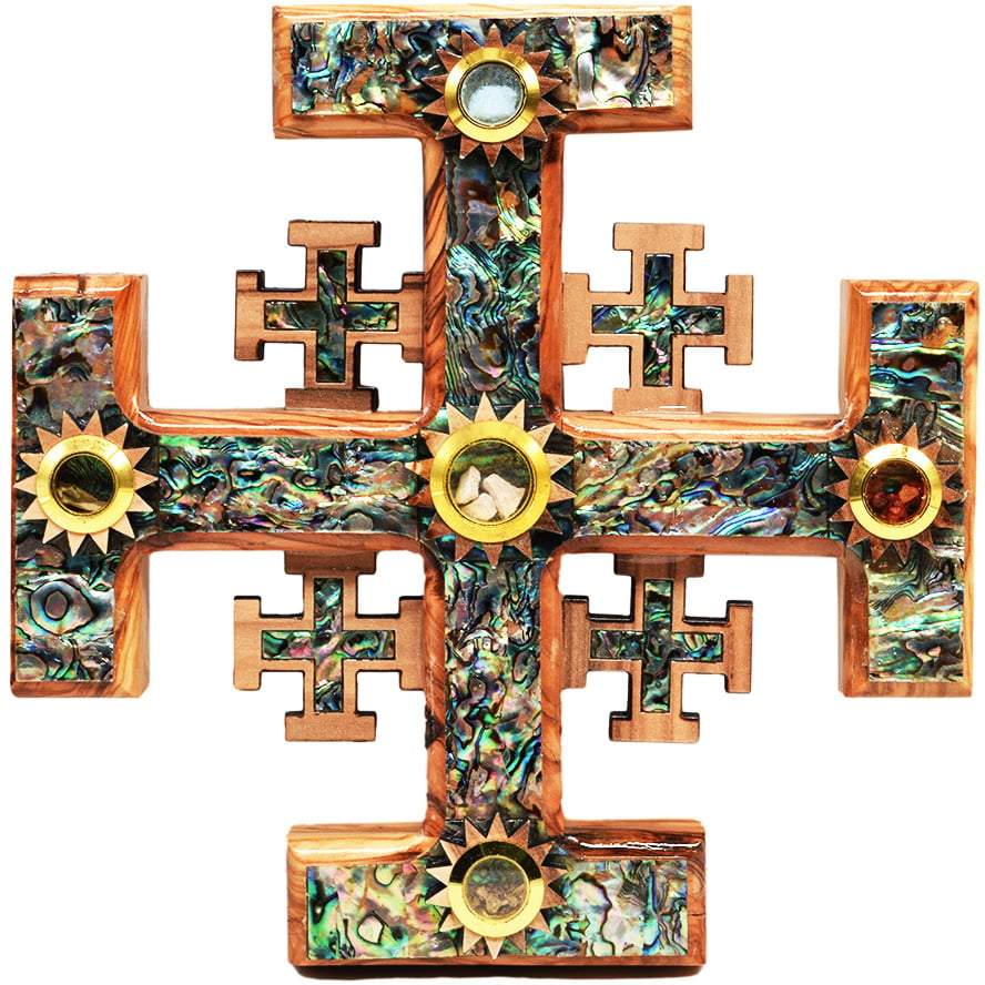 Olive Wood Jerusalem Incense Cross Mother of Pearl inlay 8