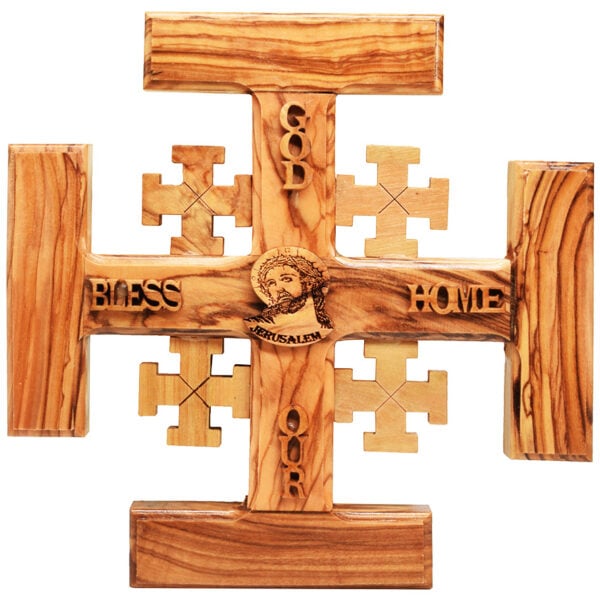 God Bless Our Home' Olive Wood 'Jerusalem Cross' with Jesus
