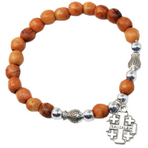Olive Wood Rosary Bracelet with Metal Fishes and 'Jerusalem Cross'