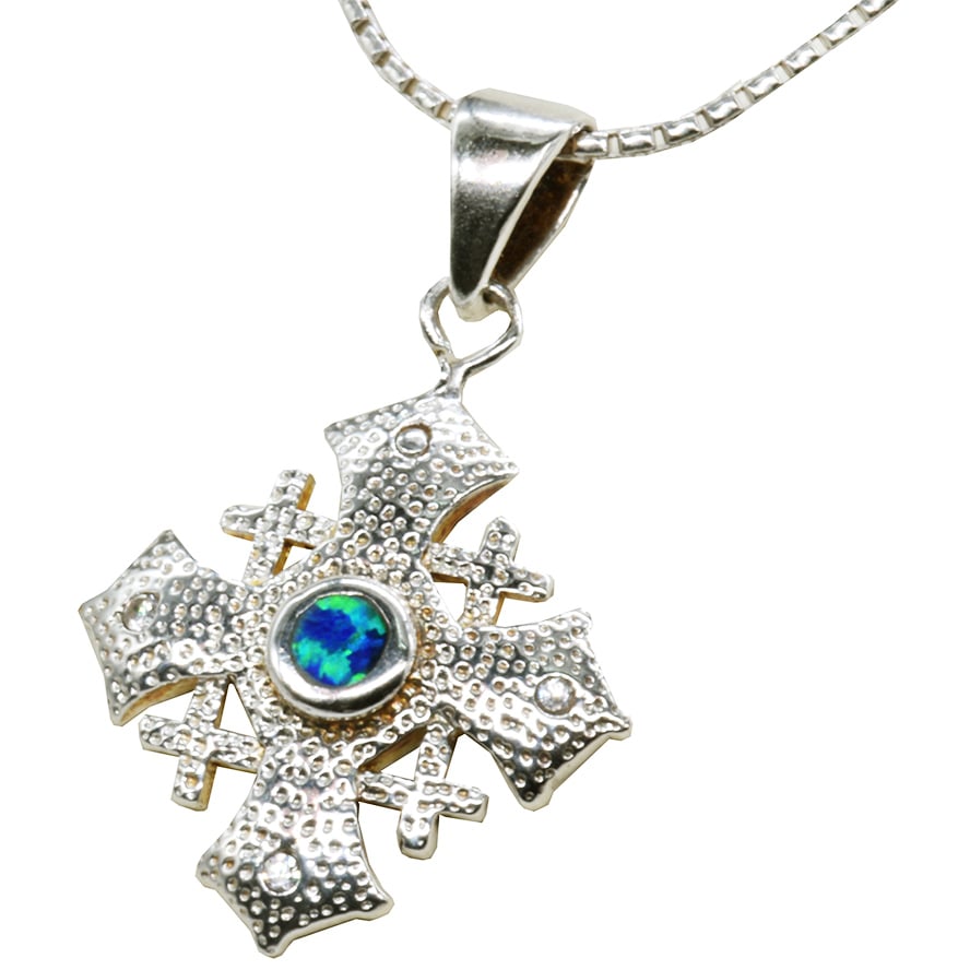 Jerusalem Cross’ with Opal in Hammered Sterling Silver Pendant