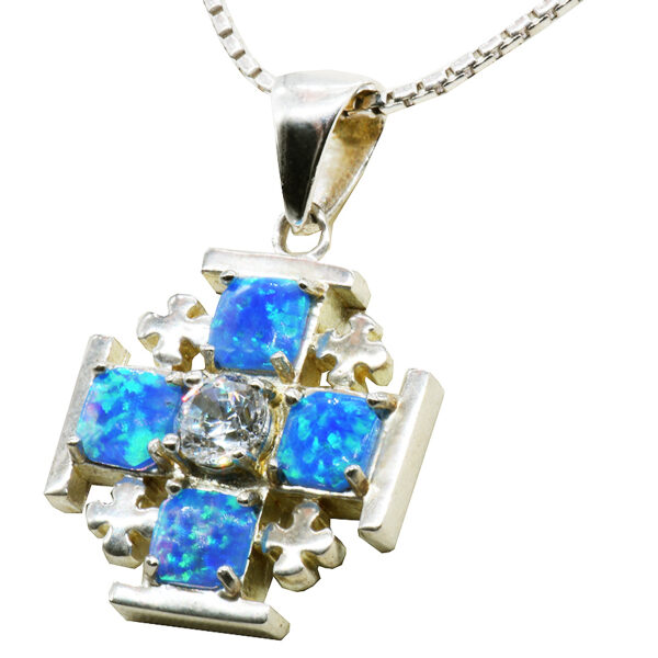 Jerusalem Cross' Sterling Silver and Opal with CZ Crystal Pendant