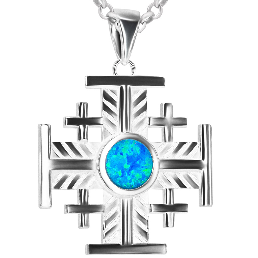 Sterling Silver 'Jerusalem Cross' Fishbone Design Pendant with Opal