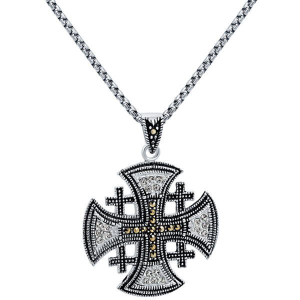 'Jerusalem Cross' with Marcasite and Zircon Sterling Silver Pendant (with chain)