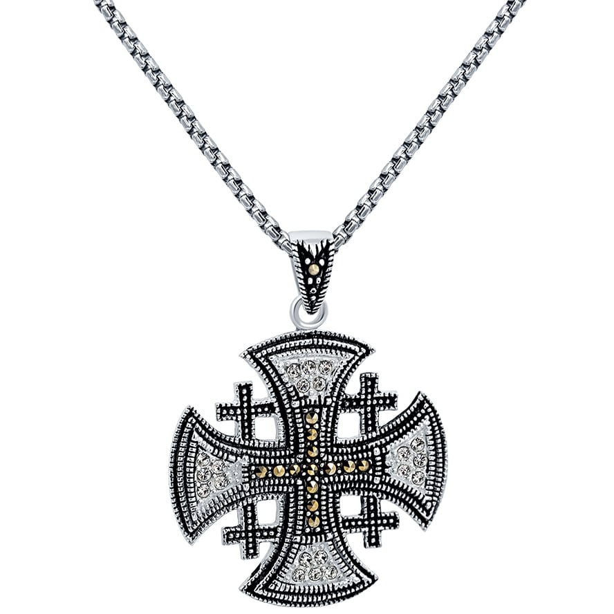 ‘Jerusalem Cross’ with Marcasite and Zircon Sterling Silver Pendant (with chain)
