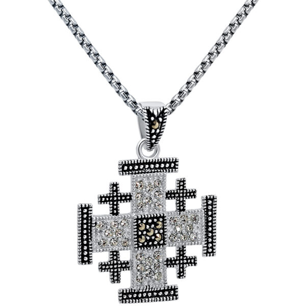 'Jerusalem Cross' - Marcasite and Zircon Silver Pendant - md (with chain)