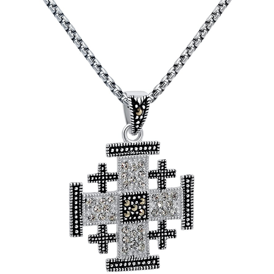 ‘Jerusalem Cross’ – Marcasite and Zircon Silver Pendant – md (with chain)