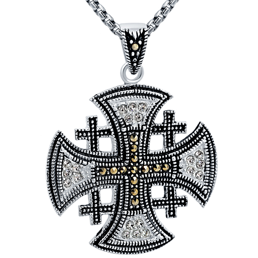 Jerusalem Cross' with Marcasite and Zircon Sterling Silver Pendant