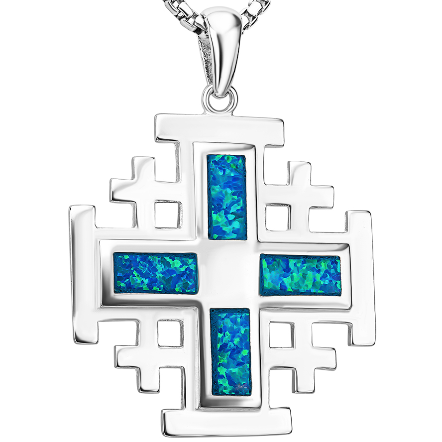 The 4 Gospels 'Jerusalem Cross' Silver with Raised Opal Pendant
