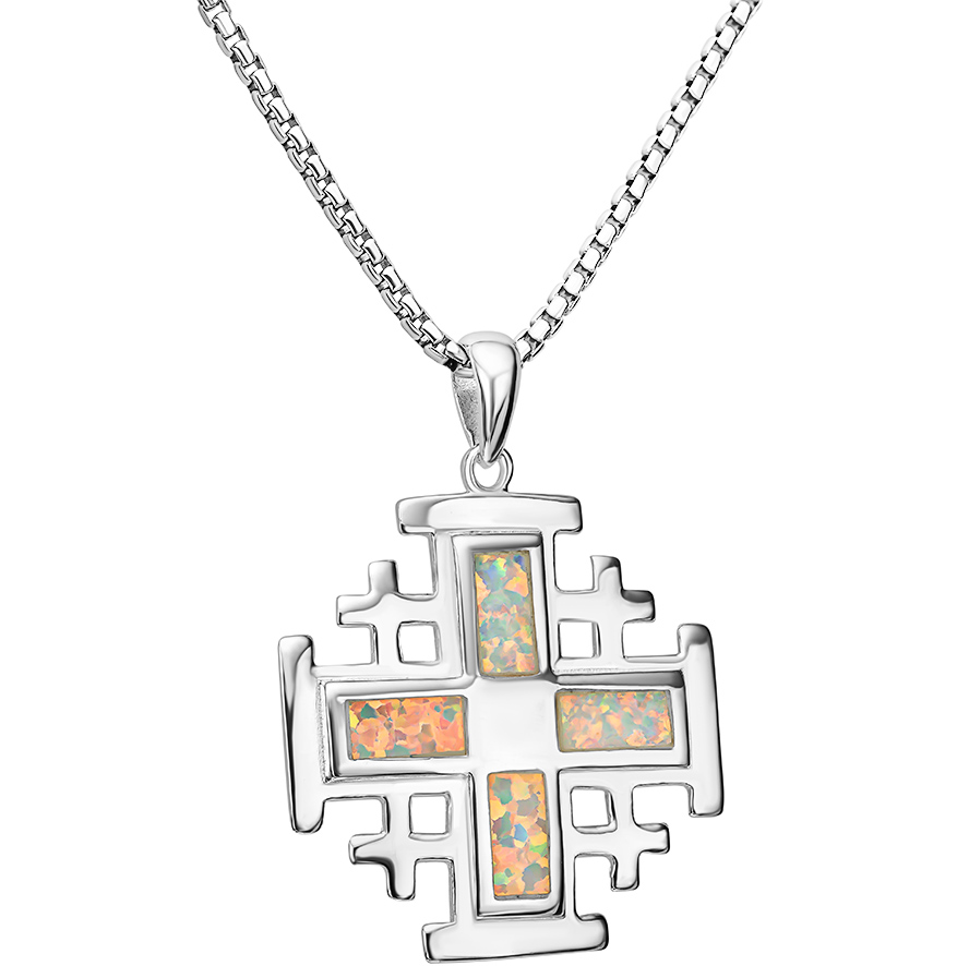 The 4 Gospels 'Jerusalem Cross' Silver with Light Opal Pendant (with chain)