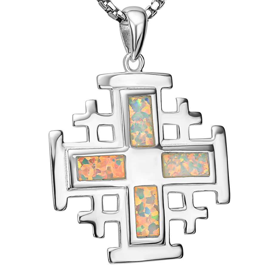 The 4 Gospels 'Jerusalem Cross' Silver with Light Opal Pendant