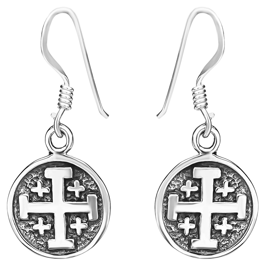 ‘Jerusalem Cross’ Round Sterling Silver Oxidized Earrings