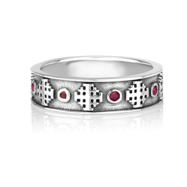 Jerusalem Cross Ring with Blood Red Crystals - Oxidized silver