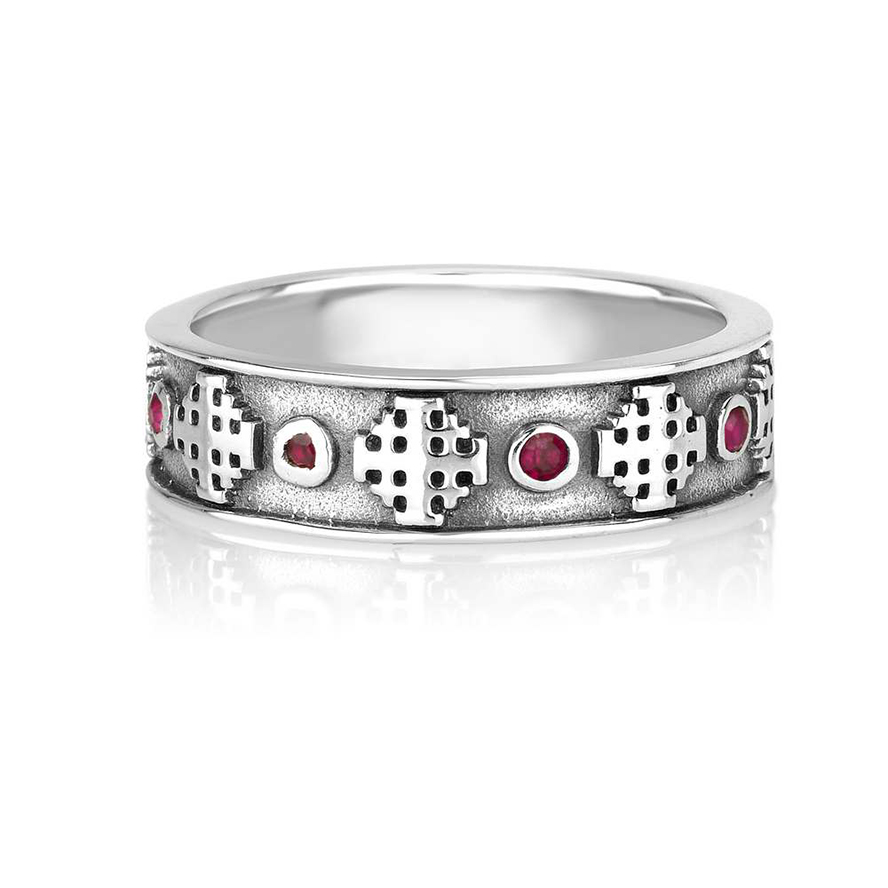 Jerusalem Cross Ring with Blood Red Crystals – Oxidized silver