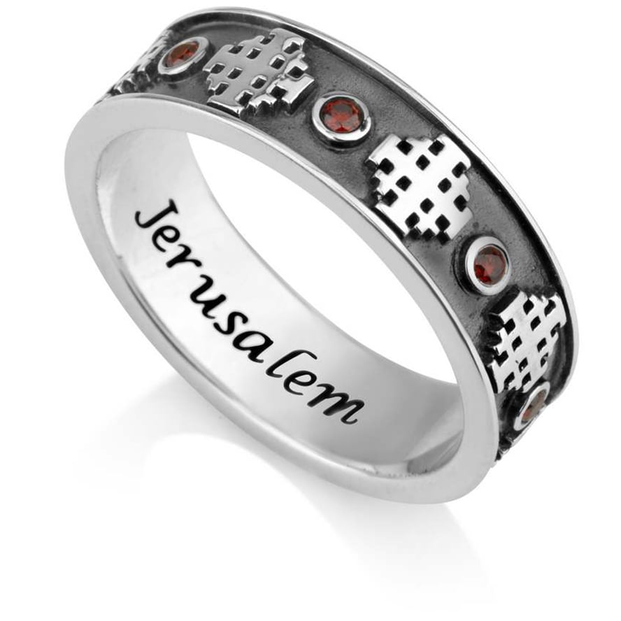 Jerusalem Cross Ring with Blood Red Crystals - Made in the Holy Land