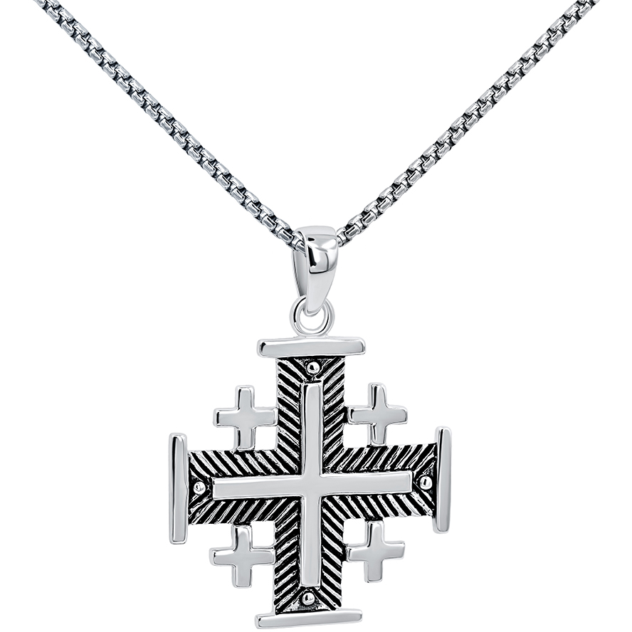 ‘Jerusalem Cross’ Fishbone Design in Sterling Silver – Medium (with chain)