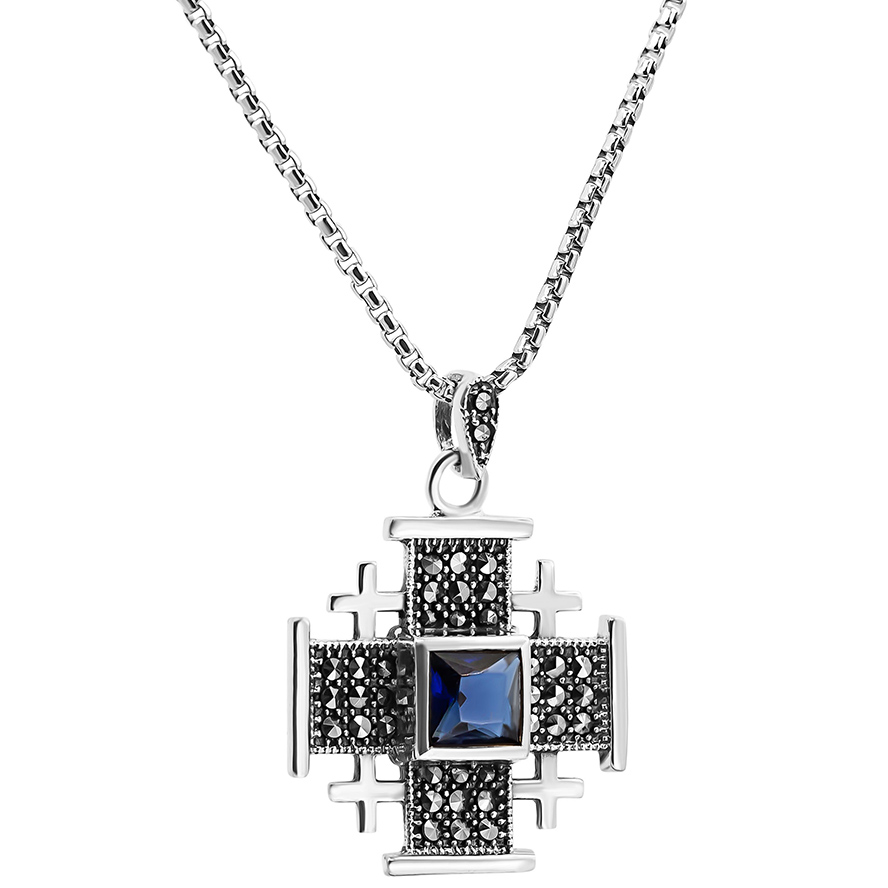 ‘Jerusalem Cross’ Necklace with Marcasite in Sterling Silver – Blue (with chain)