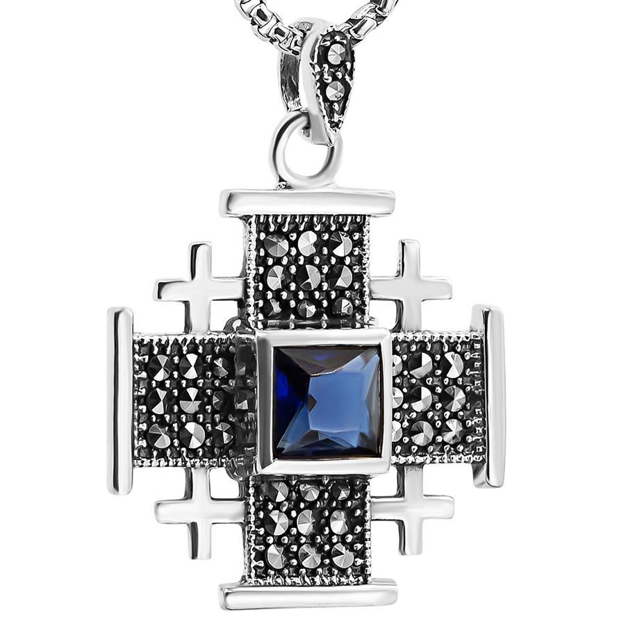 'Jerusalem Cross' Necklace with Marcasite in Sterling Silver - Blue