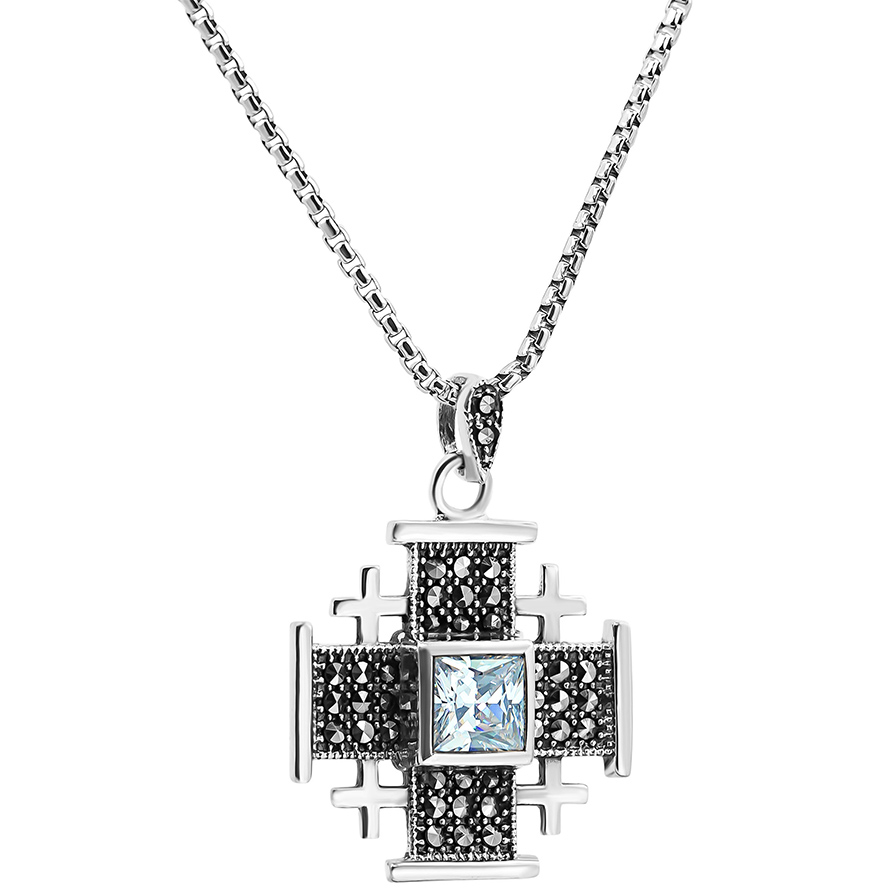 ‘Jerusalem Cross’ Sterling Silver Necklace – Marcasite – Celeste Blue (with chain)