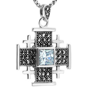 'Jerusalem Cross' Sterling Silver Necklace - Marcasite - Celeste Blue