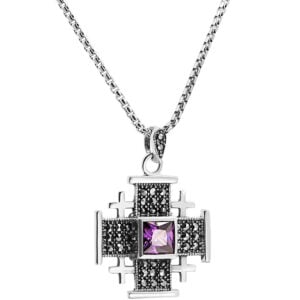 'Jerusalem Cross' Necklace with Marcasite in Sterling Silver - Purple (with chain)