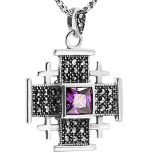 'Jerusalem Cross' Necklace with Marcasite in Sterling Silver - Purple