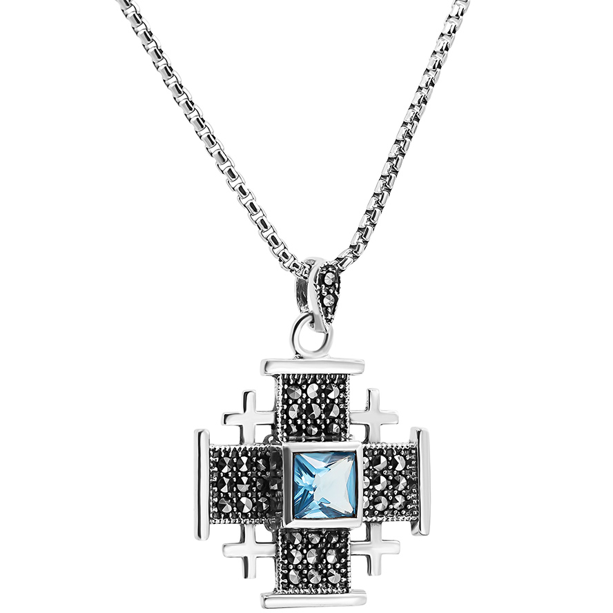 ‘Jerusalem Cross’ Sterling Silver Necklace with Marcasite – Sapphire Blue (with chain)