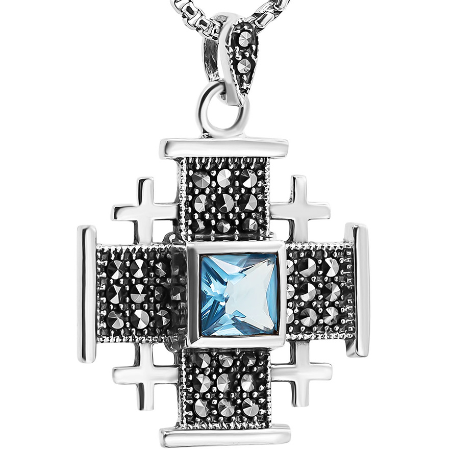 ‘Jerusalem Cross’ Sterling Silver Necklace with Marcasite – Sapphire Blue