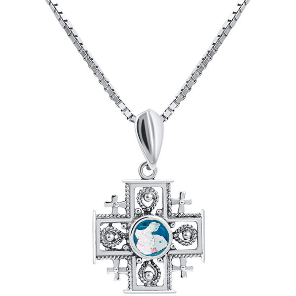 'Jerusalem Cross' Roman Glass and Sterling Silver Decorated Pendant (with chain)