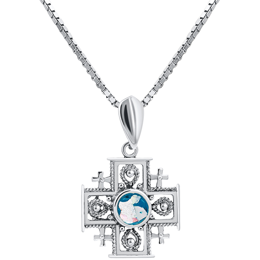 ‘Jerusalem Cross’ Roman Glass and Sterling Silver Decorated Pendant (with chain)