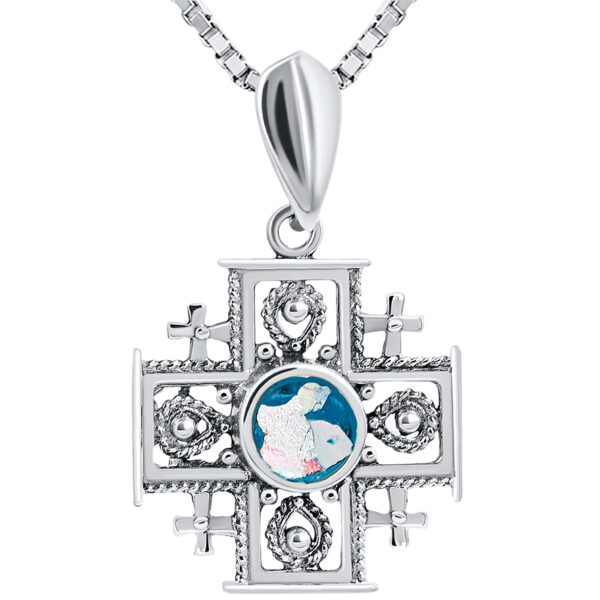 Jerusalem Cross' Roman Glass and Sterling Silver Decorated Pendant