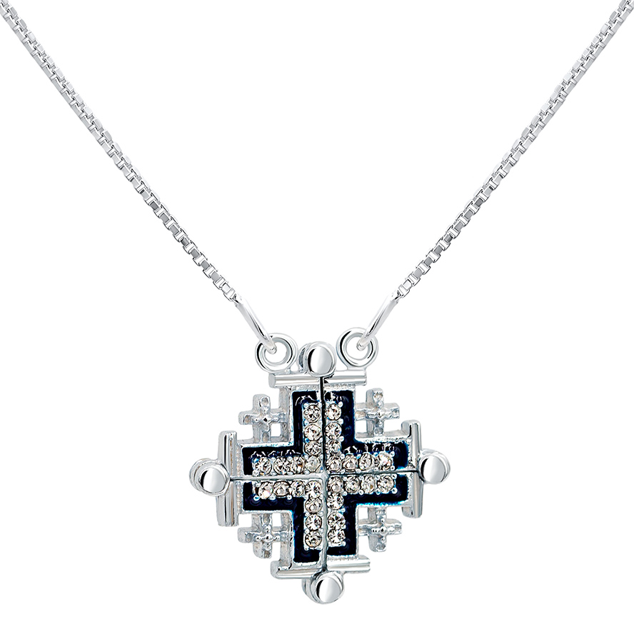 Opening 'Jerusalem Cross' with Zircon in 925 Silver Necklace