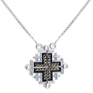 Opening 'Jerusalem Cross' with Blue Enamel and Marcasite Silver Necklace (with chain)