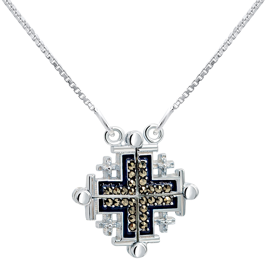 Opening ‘Jerusalem Cross’ with Blue Enamel and Marcasite Silver Necklace (with chain)