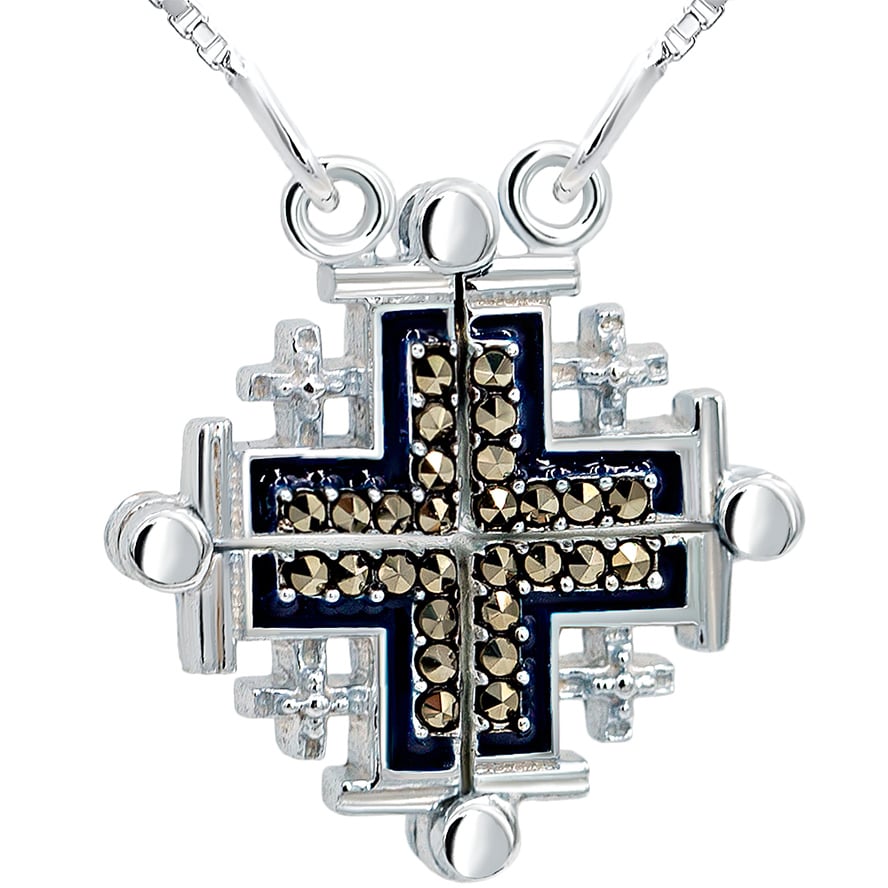 Opening ‘Jerusalem Cross’ with Blue Enamel and Marcasite Silver Necklace