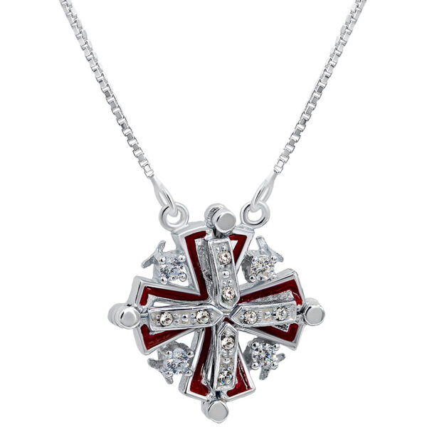 Opening 'Jerusalem Cross' with Zircon in 925 Silver Necklace - Red (with chain)