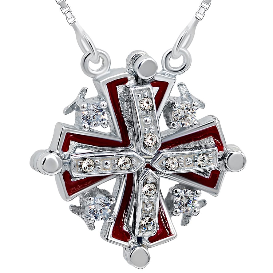 Opening 'Jerusalem Cross' with Zircon in 925 Silver Necklace - Red
