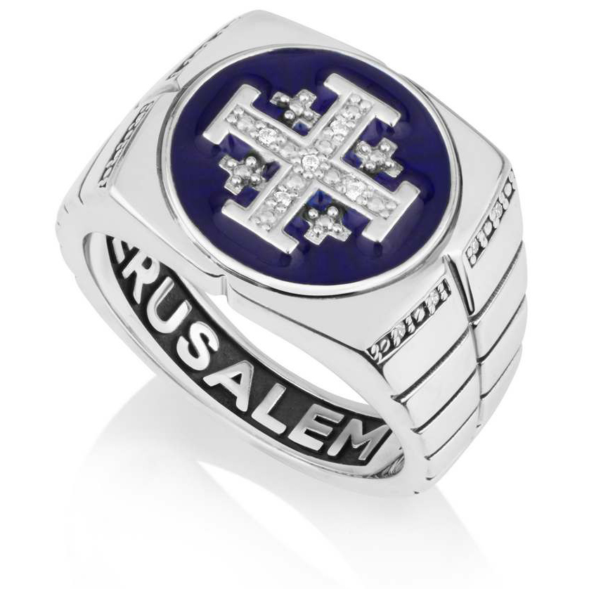 'Jerusalem Cross' Sterling Silver Blue Enamel - Zircon Men's Ring