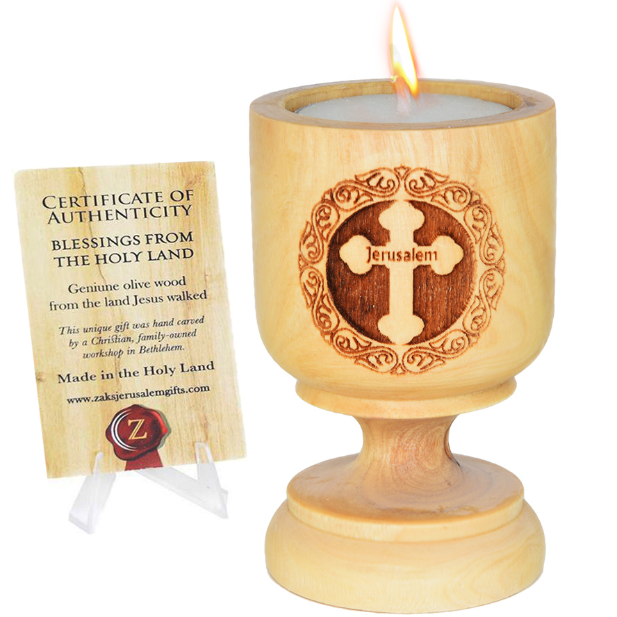 Olive Wood Cross 'Jerusalem' Engraved Candle Holder - Made in Israel - 3"