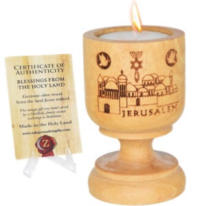 Olive Wood 'Messianic Jerusalem' Engraved Candle Holder - 3"