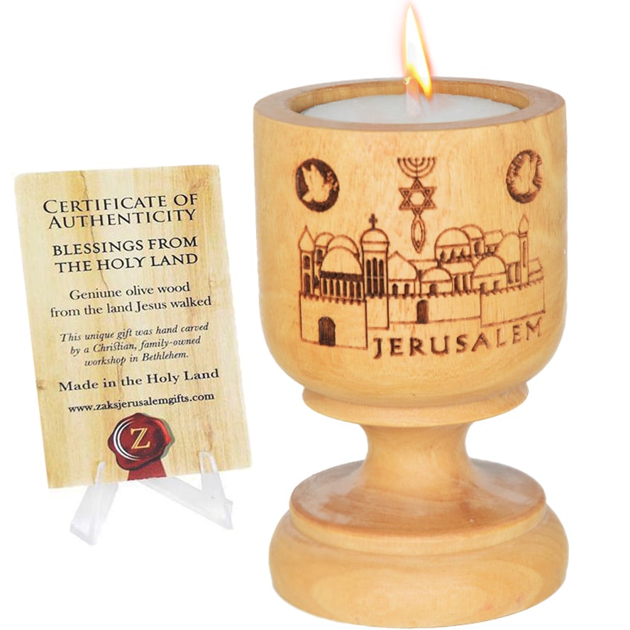 Olive Wood 'Messianic Jerusalem' Engraved Candle Holder - 3