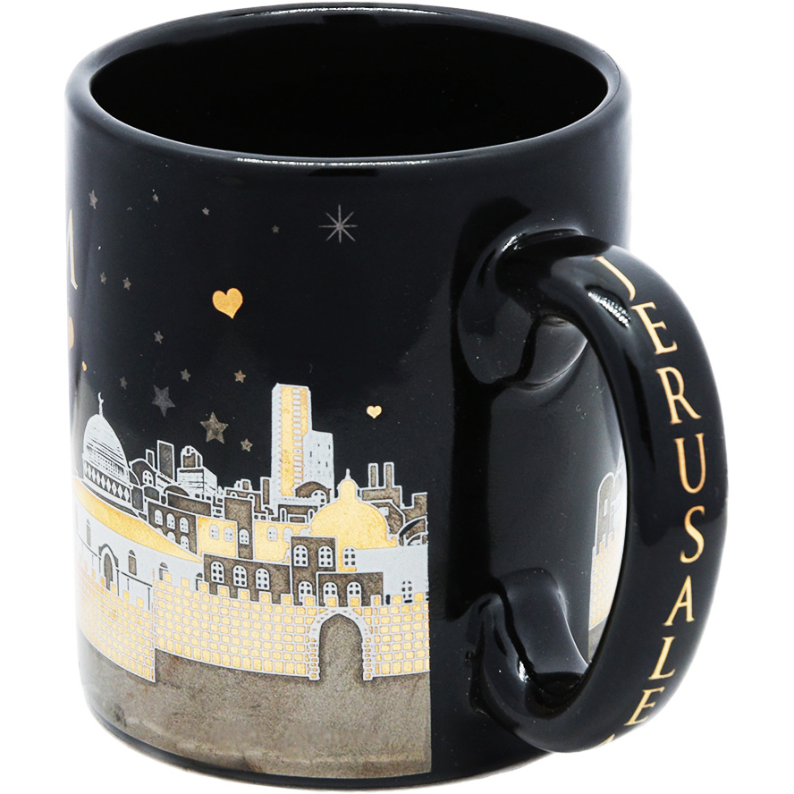 Ceramic ‘Jerusalem of Gold’ Espresso Cup Set – Gold Metallic – Black (handle view)
