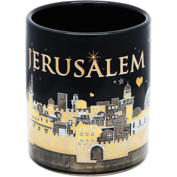 Ceramic 'Jerusalem of Gold' Espresso Cup Set - Gold Metallic - Black (front face view)