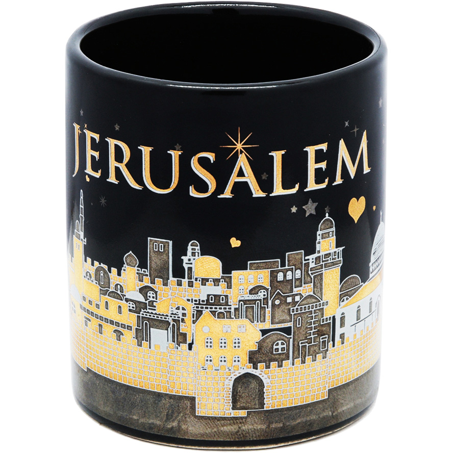 Ceramic ‘Jerusalem of Gold’ Espresso Cup Set – Gold Metallic – Black (front face view)