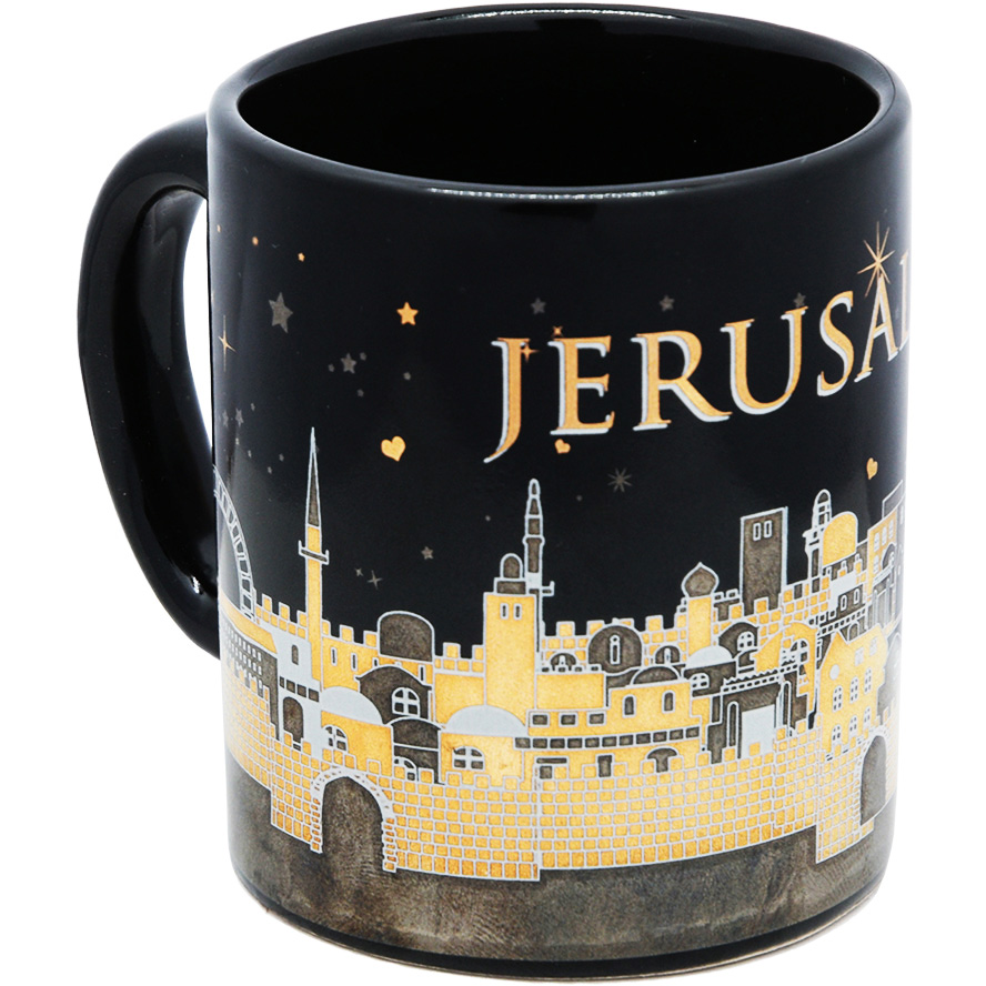 Ceramic ‘Jerusalem of Gold’ Espresso Cup Set – Gold Metallic – Black (left view)